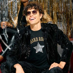 Metallic Sequins Logo Fleece Sweater in Black